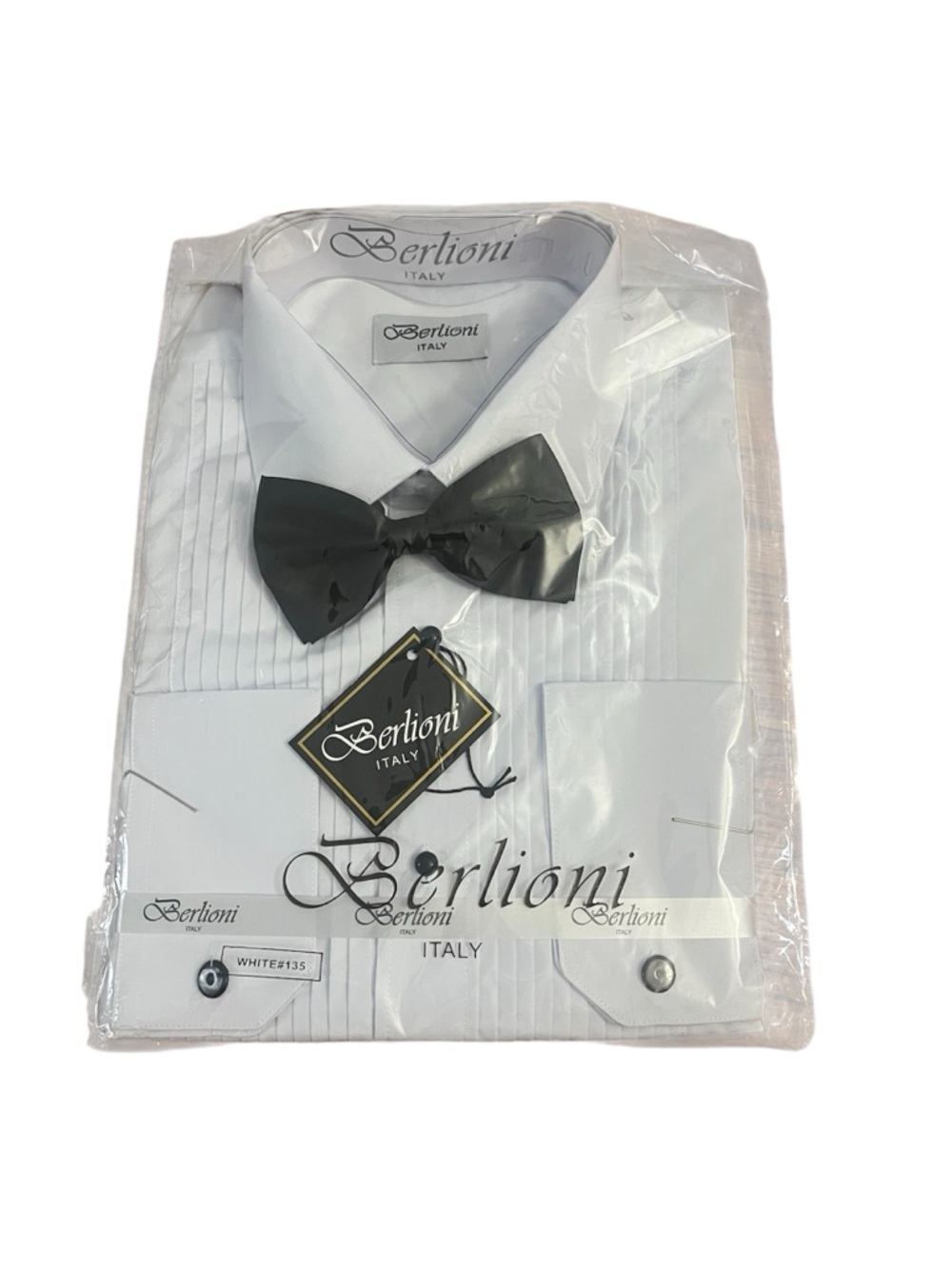 Berlioni Italy White Tuxedo Dress Shirt W/ Black Bow Tie Men’s Large 16-16.5